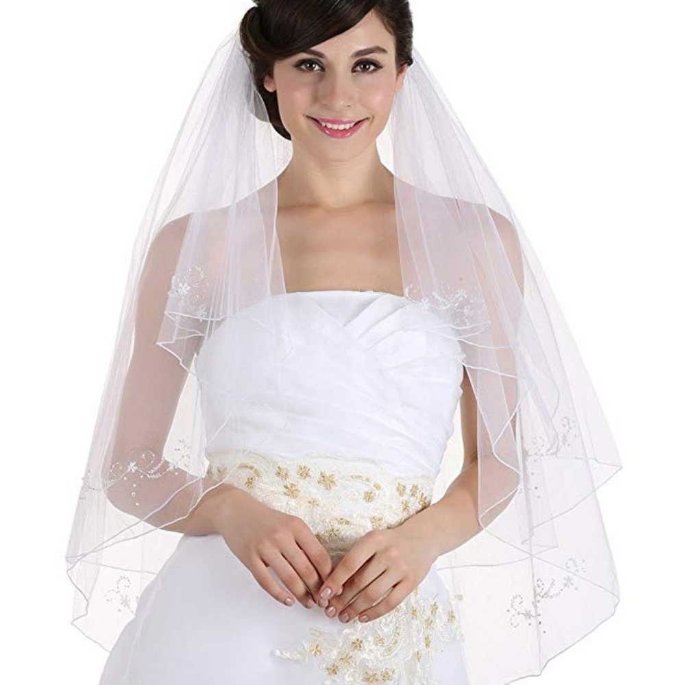 Ivory 2tier 2T floral beaded fingertip length veil